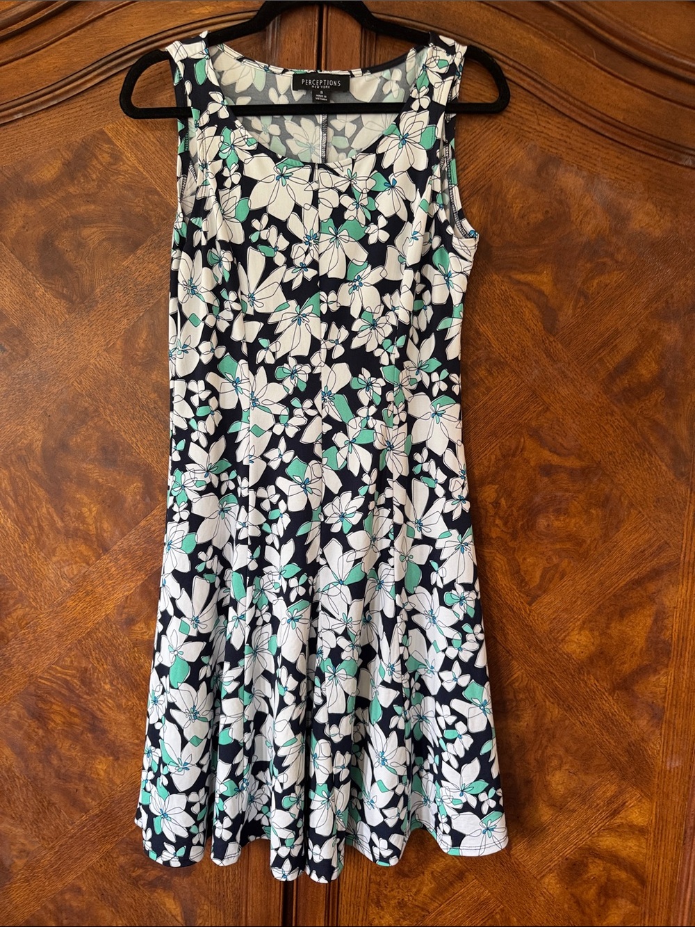 Perceptions Black, White & Teal Floral Sleeveless Fit & Flare Midi Dress size S